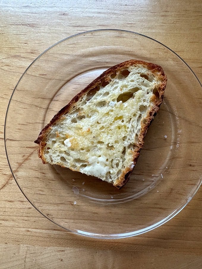 A toasted slice of Jim Lahey's no-knead bread.