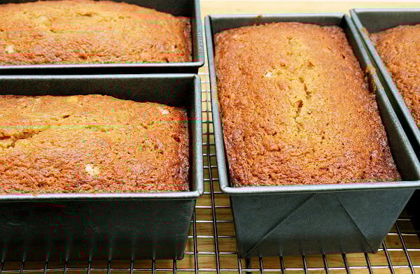 Moist and fruity, this pawpaw bread tastes better and better with each passing day. Now, when pawpaw season is over, use bananas instead — it is a wonderful recipe, and the bread, when baked in small loaf pans, makes a nice gift. // alexandracooks.com Loaf pans filled with pawpaw quick bread.
