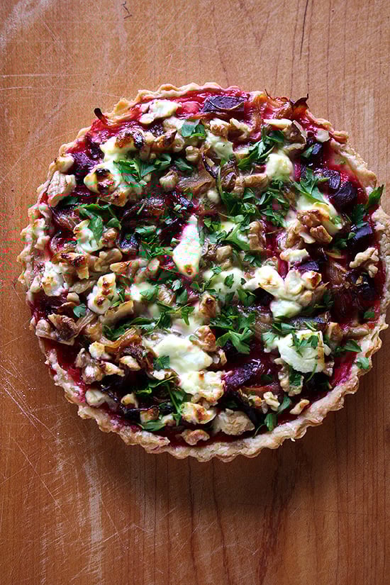 This goat cheese walnut tart is really fun. And different. And delicious. I can't promise a quick-and-easy dinner with this recipe — beets must be roasted; a tart shell must be baked — but with a little planning, assembly of this tart is quite simple. And it is so worth the effort. // alexandracooks.com This goat cheese walnut tart is really fun. And different. And delicious. I can't promise a quick-and-easy dinner with this recipe — beets must be roasted; a tart shell must be baked — but with a little planning, assembly of this tart is quite simple. And it is so worth the effort. // alexandracooks.com
