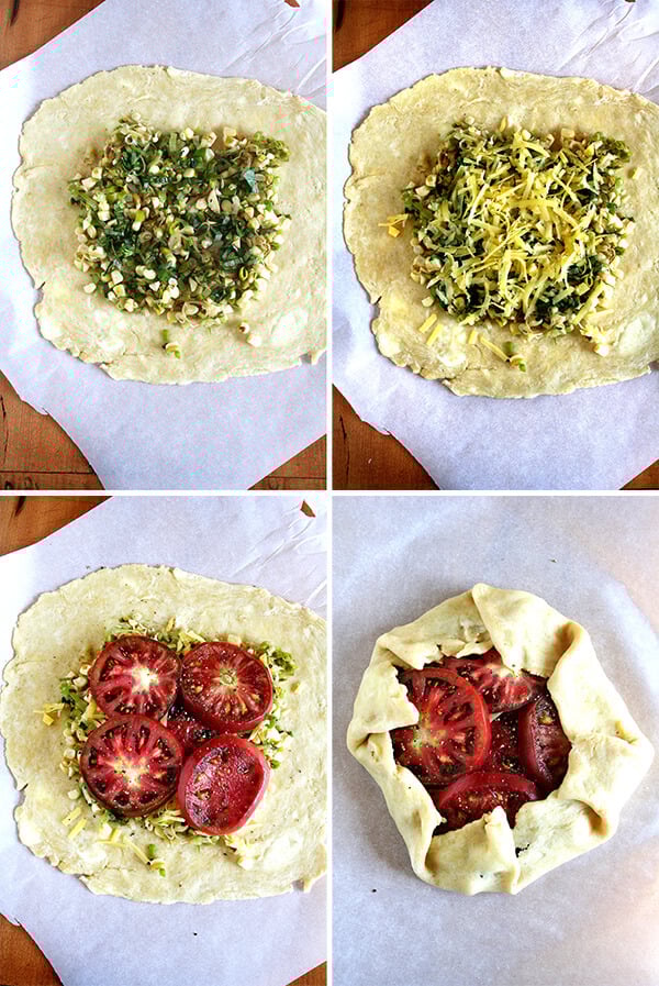 Assembling the Tart A montage of photos showing how to make a savory galette.