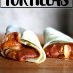 Homemade bean and cheese burrito on homemade flour tortillas.