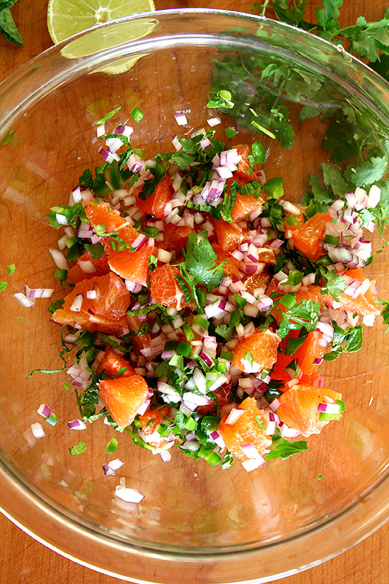 This orange salsa is perhaps a nice accompaniment to bean and cheese burritos? Something fresh like this is actually just what those burritos are missing. // alexandracooks.com This orange salsa is perhaps a nice accompaniment to bean and cheese burritos? Something fresh like this is actually just what those burritos are missing. // alexandracooks.com