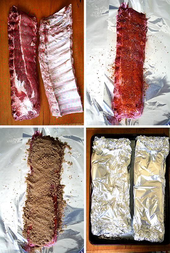 Overhead views of preparing the ribs: uncooked, with spices, and wrapped in tinfoil