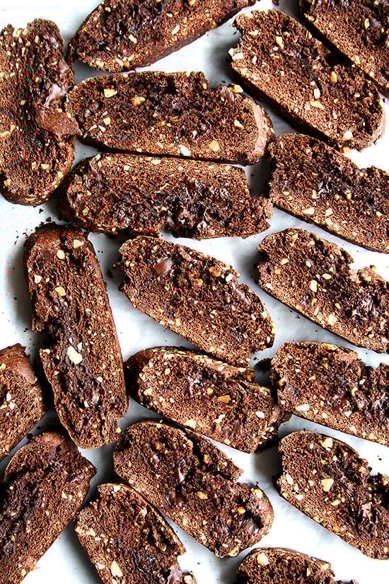 These chocolate biscotti are divine. Perfectly sweet. Not too hard. Crumbly. Soft. Not too soft. Loaded with chocolate and studded with almonds. A perfect accompaniment to a cup of coffee. I am convinced there is no better way to start the morning (and mid-morning and afternoon and early evening, etc.). // alexandracooks.com These chocolate biscotti are divine. Perfectly sweet. Not too hard. Crumbly. Soft. Not too soft. Loaded with chocolate and studded with almonds. A perfect accompaniment to a cup of coffee. I am convinced there is no better way to start the morning (and mid-morning and afternoon and early evening, etc.). // alexandracooks.com