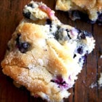 Lemon-blueberry buttermilk breakfast cake just baked in a glass pan.
