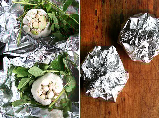 Foil Pouches Foil Pouches filled with garlic heads and fresh oregano.