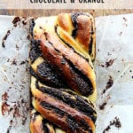 A board with orange-chocolate babka.
