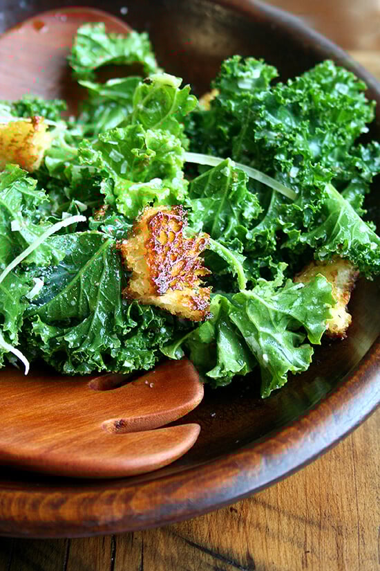 The dressing in this kale caesar salad, made without mayonnaise or cheese, is lemony and light and is a wonderful complement to kale, an unsuspecting substitute in a classic dish. // alexandracooks.com The dressing in this kale caesar salad, made without mayonnaise or cheese, is lemony and light and is a wonderful complement to kale, an unsuspecting substitute in a classic dish. // alexandracooks.com