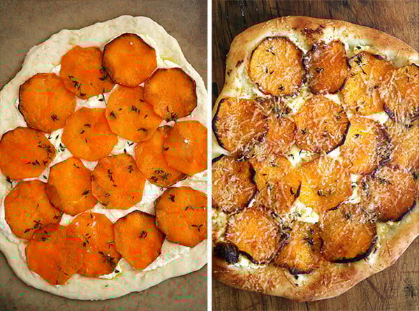 butternut squash pizza, unbaked and baked Two side by side images: butternut squash pizza, unbaked (left) and baked (right).