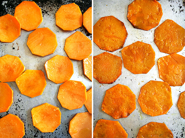 butternut squash, unbaked and baked Two side by side images: slices of butternut squash on a sheet pan, unbaked (left) and baked (right).
