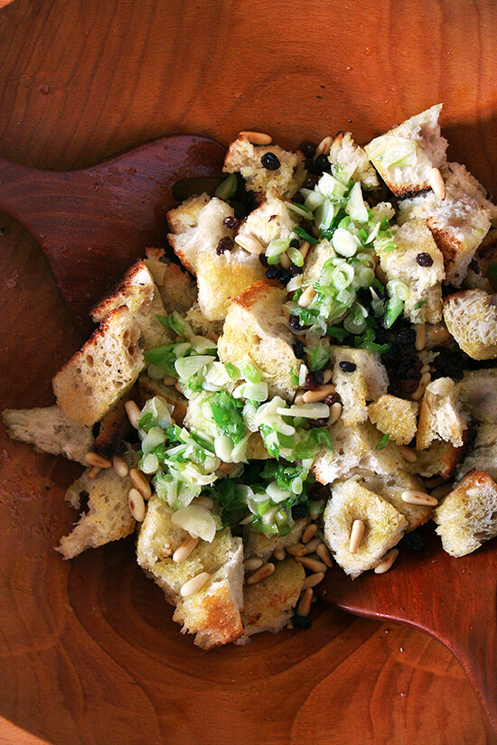 bread with pine nuts, currants, scallions and garlic bread with pine nuts, currants, scallions and garlic