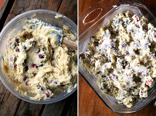 Side by side images: on the left, cranberry buttermilk breakfast cake batter in a bowl; on the right, batter spread into pan, sprinkled with sugar.