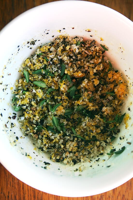 the rub — orange zest, thyme, salt, pepper and sugar The rub for the wild duck all mixed together: orange zest, thyme, salt, pepper and sugar.