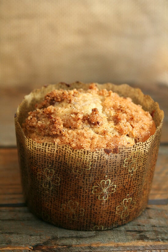 These Cooks Illustrated coffeecake muffins, made with a cinnamon-pecan-brown sugar streusel mixed into a sour cream batter, capture the spirit of breakfast treat. // alexandracooks.com A coffeecake muffin in a decorative paper liner.
