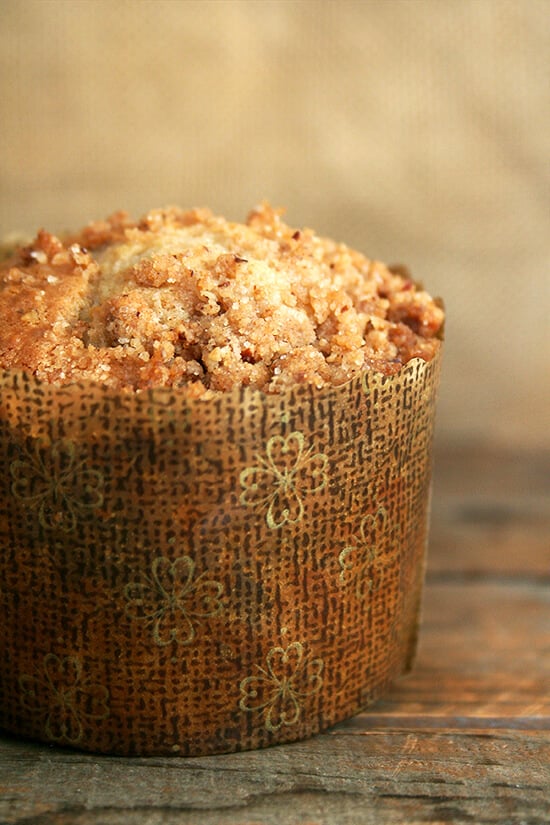 These Cooks Illustrated coffeecake muffins, made with a cinnamon-pecan-brown sugar streusel mixed into a sour cream batter, capture the spirit of breakfast treat. // alexandracooks.com A coffeecake muffin in a decorative paper liner.