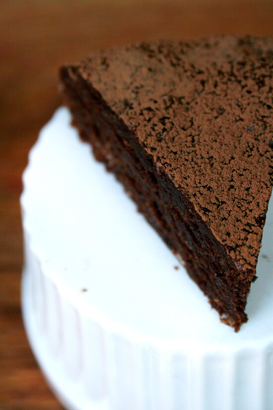 In this chocolate tart, whipped egg whites lighten a fudgy base of dark chocolate, melted butter and egg yolks. Almond flour provides nearly all of the structure as well as a wonderful flavor, and confectioners' sugar sweetens it ever so slightly. Light and rich at the same time, it demands a dollop of homemade whipped cream. It's not Valentine's Day without some sort of chocolate indulgence, and this tart couldn't be more perfect for the occasion. // alexandracooks.com In this chocolate tart, whipped egg whites lighten a fudgy base of dark chocolate, melted butter and egg yolks. Almond flour provides nearly all of the structure as well as a wonderful flavor, and confectioners' sugar sweetens it ever so slightly. Light and rich at the same time, it demands a dollop of homemade whipped cream. It's not Valentine's Day without some sort of chocolate indulgence, and this tart couldn't be more perfect for the occasion. // alexandracooks.com