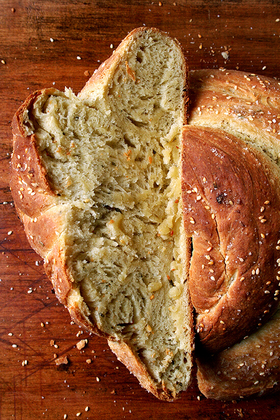 Olive oil makes this semolina bread super moist, but it's the presence of semolina flour, an ingredient I am only just discovering, that gives this bread such a unique texture and flavor. The owner of Macrina Bakery, Leslie Mackie, to whom we can thank for this creation, says it best: "Semolina flour gives the bread a hearty texture but also a kind of creamy, almost corn-like flavor." A salty, crusty exterior moreover makes the bread irresistible. // alexandracooks.com Olive oil makes this semolina bread super moist, but it's the presence of semolina flour, an ingredient I am only just discovering, that gives this bread such a unique texture and flavor. The owner of Macrina Bakery, Leslie Mackie, to whom we can thank for this creation, says it best: "Semolina flour gives the bread a hearty texture but also a kind of creamy, almost corn-like flavor." A salty, crusty exterior moreover makes the bread irresistible. // alexandracooks.com