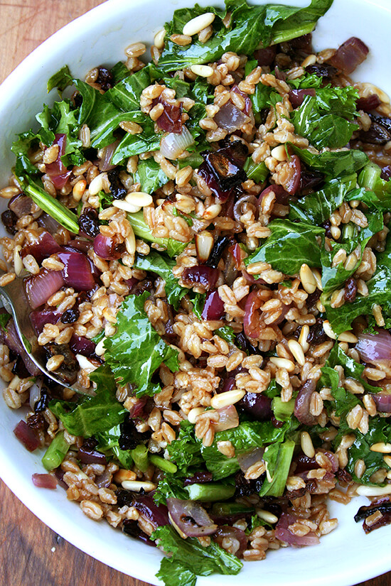 This farro salad, when surrounded by all the elements of the Zuni salad — sweet onions, crunchy nuts, spicy greens, a simple olive oil and vinegar dressing — soaks up so much goodness all the while maintaining its chewy texture and nutty flavor. // alexandracooks.com A bowl of farro salad with roasted onions, toasted pine nuts, and wilted mustard greens.