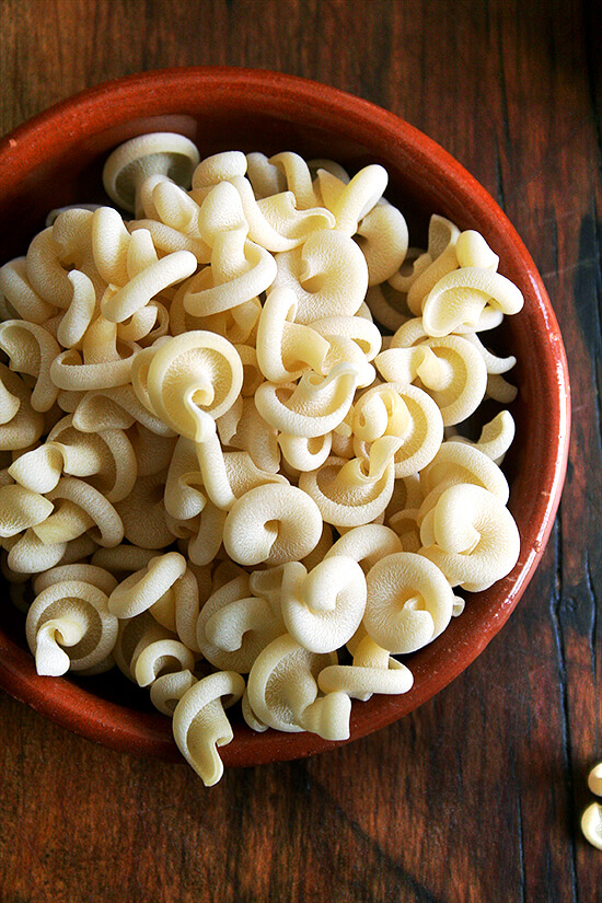 dry Gragnano pasta A bowl of uncooked Gragnano pasta.