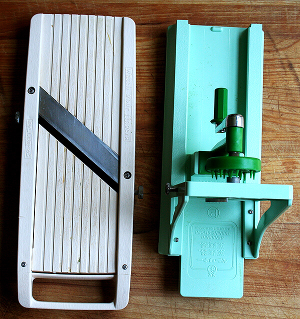 If you're in the market for a mandoline, I highly recommend the Benriner, but I would sleep better knowing you purchased a pair of kevlar gloves along with it. And if you have room for another gadget, the Benriner turning slicer does in fact have a place in the kitchen -- for certain vegetables it is a much safer and better tool to use than a mandoline, and if you're at all frightened by the idea of using a mandoline, the turning slicer might be the way to go. // alexandracooks.com If you're in the market for a mandoline, I highly recommend the Benriner, but I would sleep better knowing you purchased a pair of kevlar gloves along with it. And if you have room for another gadget, the Benriner turning slicer does in fact have a place in the kitchen -- for certain vegetables it is a much safer and better tool to use than a mandoline, and if you're at all frightened by the idea of using a mandoline, the turning slicer might be the way to go. // alexandracooks.com