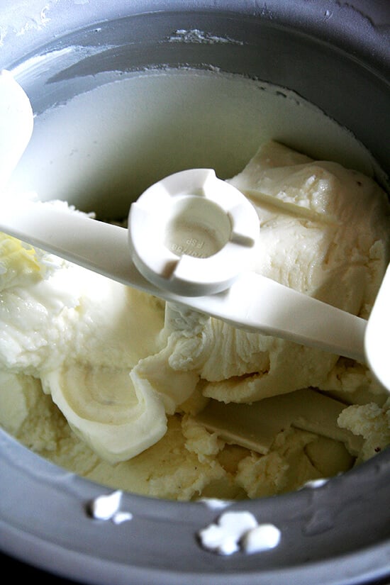frozen yogurt, churning The Kitchen Aid Ice cream attachment filled with frozen yogurt freshly churned.