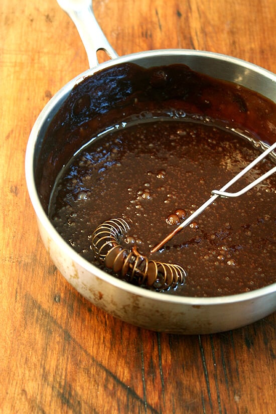 black velvet icing A saucepan with the black velvet icing.