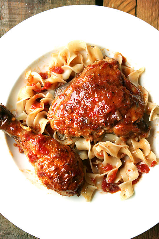 Chicken au vinaigre, a classic French preparation of braised chicken, is all about the sauce, a rich concentration of shallots, crushed tomatoes, mustard and reduced sherry and sherry vinegar. I love serving this with egg noodles, which soak up the delicious sauce so nicely, but a natural (perhaps even more delicious) alternative to the noodles is a hunk of bread. That time of year has certainly arrived, when cleaning dinner plates with crusty bread is more than acceptable. // alexandracooks.com Chicken au vinaigre, a classic French preparation of braised chicken, is all about the sauce, a rich concentration of shallots, crushed tomatoes, mustard and reduced sherry and sherry vinegar. I love serving this with egg noodles, which soak up the delicious sauce so nicely, but a natural (perhaps even more delicious) alternative to the noodles is a hunk of bread. That time of year has certainly arrived, when cleaning dinner plates with crusty bread is more than acceptable. // alexandracooks.com