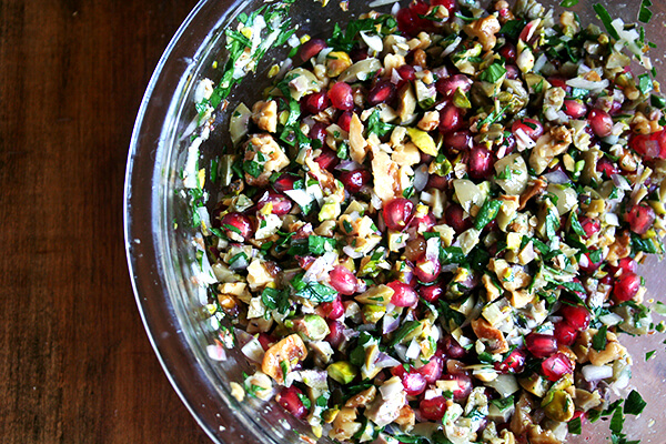 green olive, walnut and pomegranate salad green olive, walnut and pomegranate salad