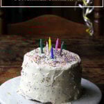 One-bowl buttermilk birthday cake on a plate.