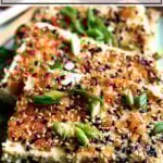 A platter of sesame-crusted tofu.