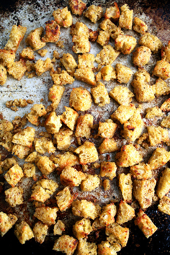 Golden on the outside, chewy on the inside, mustardy throughout, these croutons are irresistible. // alexandracooks.com Golden on the outside, chewy on the inside, mustardy throughout, these croutons are irresistible. // alexandracooks.com