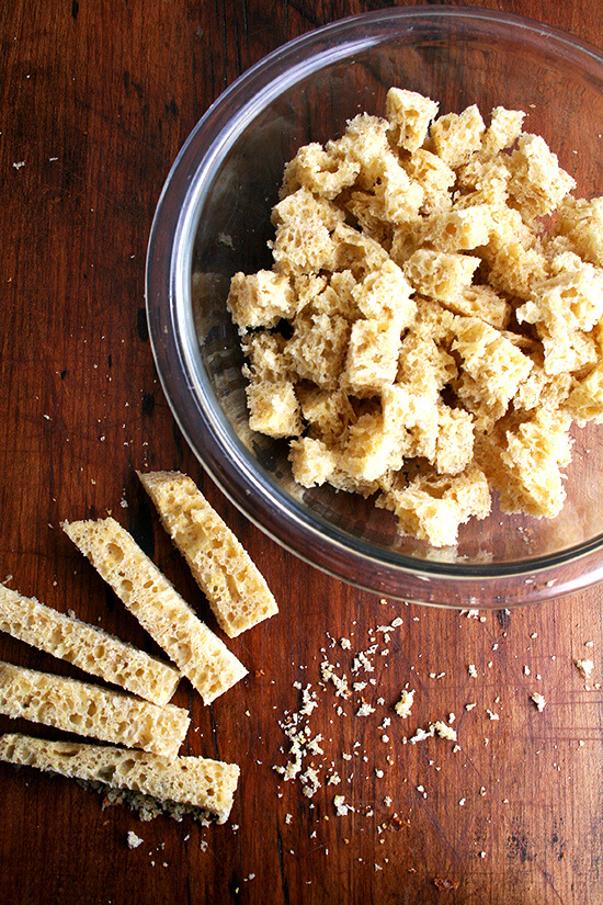 bread, sliced into strips and torn into cubes