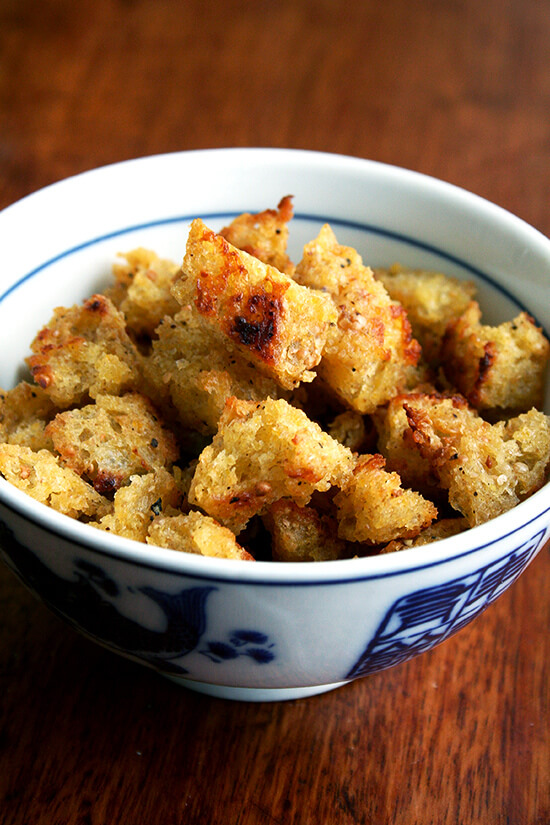 Golden on the outside, chewy on the inside, mustardy throughout, these croutons are irresistible. // alexandracooks.com Golden on the outside, chewy on the inside, mustardy throughout, these croutons are irresistible. // alexandracooks.com