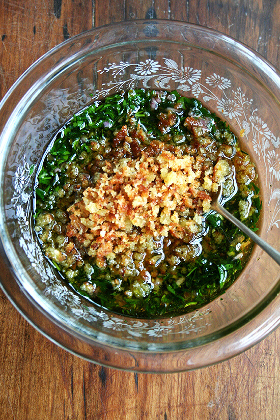 adding the bread crumbs