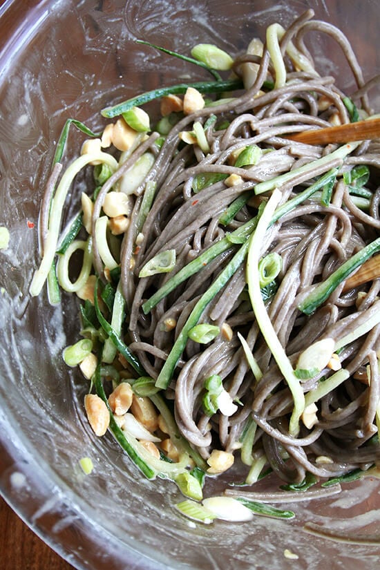 I love the simplicity of this soba noodle salad: the noodles and julienned cucumbers meld together in a peanut dressing while a handful of peanuts offers crunch. The peanut dressing is spicy, sweet, salty, and sour hitting all the sensations that make whatever it's dressing so irresistible. // alexandracooks.com soba noodles with peanut dressing