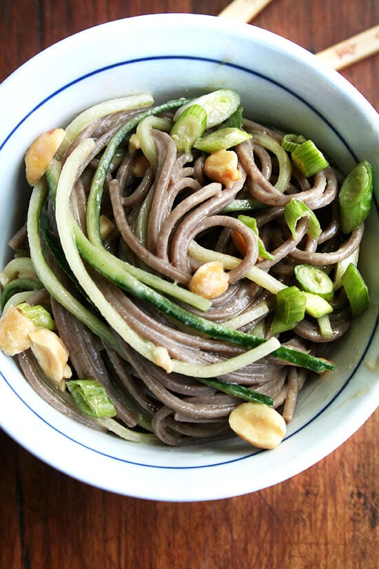 I love the simplicity of this soba noodle salad: the noodles and julienned cucumbers meld together in a peanut dressing while a handful of peanuts offers crunch. The peanut dressing is spicy, sweet, salty, and sour hitting all the sensations that make whatever it's dressing so irresistible. // alexandracooks.com soba noodles with peanut dressing