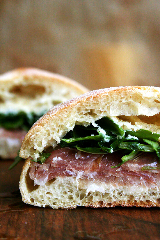 For Gabrielle Hamilton, the success of this prosciutto and arugula sandwich relies on a delicate balance, "the perfection of three fats together — butter, olive oil, and the white fat from prosciutto or lardo." Served on (faux) ciabatta bread, it's delicious. // alexandracooks.com For Gabrielle Hamilton, the success of this prosciutto and arugula sandwich relies on a delicate balance, "the perfection of three fats together — butter, olive oil, and the white fat from prosciutto or lardo." Served on (faux) ciabatta bread, it's delicious. // alexandracooks.com