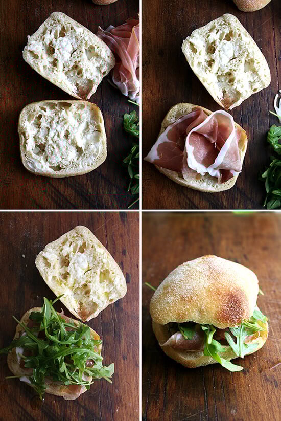For Gabrielle Hamilton, the success of this prosciutto and arugula sandwich relies on a delicate balance, "the perfection of three fats together — butter, olive oil, and the white fat from prosciutto or lardo." Served on (faux) ciabatta bread, it's delicious. // alexandracooks.com For Gabrielle Hamilton, the success of this prosciutto and arugula sandwich relies on a delicate balance, "the perfection of three fats together — butter, olive oil, and the white fat from prosciutto or lardo." Served on (faux) ciabatta bread, it's delicious. // alexandracooks.com