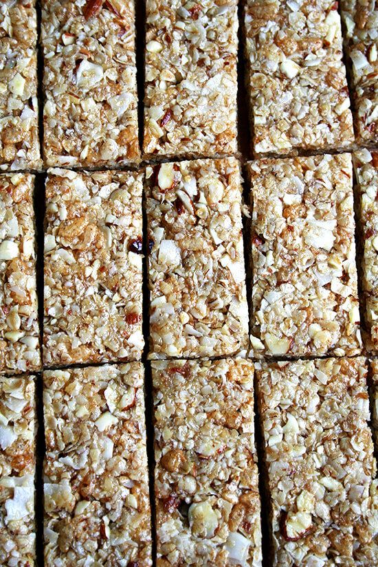 These are the ideal no-bake granola bar for me: tasty and incredibly chewy, containing healthful ingredients, no processed cereals, and no candy-like additions. The dry mixture contains oats, sliced almonds, unsweetened coconut, and wheat germ, but this mixture can be tailored to your liking with dried fruit, nuts, seeds, wheat bran, oat bran, chocolate chips, etc. // alexandracooks.com These are the ideal no-bake granola bar for me: tasty and incredibly chewy, containing healthful ingredients, no processed cereals, and no candy-like additions. The dry mixture contains oats, sliced almonds, unsweetened coconut, and wheat germ, but this mixture can be tailored to your liking with dried fruit, nuts, seeds, wheat bran, oat bran, chocolate chips, etc. // alexandracooks.com
