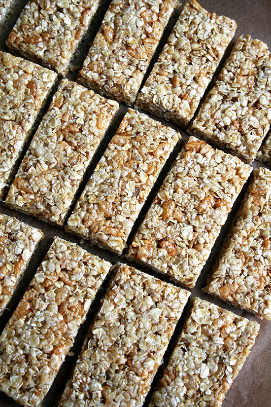These are the ideal no-bake granola bar for me: tasty and incredibly chewy, containing healthful ingredients, no processed cereals, and no candy-like additions. The dry mixture contains oats, sliced almonds, unsweetened coconut, and wheat germ, but this mixture can be tailored to your liking with dried fruit, nuts, seeds, wheat bran, oat bran, chocolate chips, etc. // alexandracooks.com These are the ideal no-bake granola bar for me: tasty and incredibly chewy, containing healthful ingredients, no processed cereals, and no candy-like additions. The dry mixture contains oats, sliced almonds, unsweetened coconut, and wheat germ, but this mixture can be tailored to your liking with dried fruit, nuts, seeds, wheat bran, oat bran, chocolate chips, etc. // alexandracooks.com