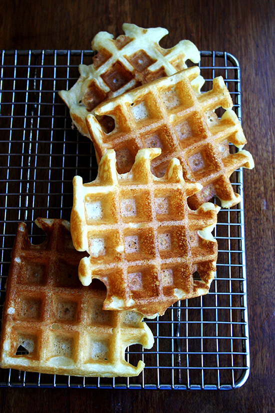 Adored for their crisp crust and crepe-like interior, these waffles are easy to make -- there is no yeast or long overnight rise and no whipped egg whites. // alexandracooks.com Adored for their crisp crust and crepe-like interior, these waffles are easy to make -- there is no yeast or long overnight rise and no whipped egg whites. // alexandracooks.com