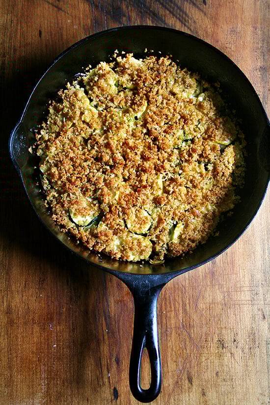 This summer squash gratin couldn't be simpler to throw together, and unlike so many gratins, this one is not laden with cream and cheese. You also can't mess it up. The layer of vegetables can be thin or thick. There's no perfect ratio of squash to topping. This dish is rustic. It's fast. It's easy. Go wild. // alexandracooks.com This summer squash gratin couldn't be simpler to throw together, and unlike so many gratins, this one is not laden with cream and cheese. You also can't mess it up. The layer of vegetables can be thin or thick. There's no perfect ratio of squash to topping. This dish is rustic. It's fast. It's easy. Go wild. // alexandracooks.com