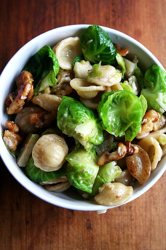 In this super-fast pasta dish, a simple brown butter sauce dresses orecchiette, Brussels sprouts, toasted walnuts and Pecorino. While any pasta shape will work, orecchiette, which shares the same shape as the Brussels sprout leaves, is particularly fun. // alexandracooks.com In this super-fast pasta dish, a simple brown butter sauce dresses orecchiette, Brussels sprouts, toasted walnuts and Pecorino. While any pasta shape will work, orecchiette, which shares the same shape as the Brussels sprout leaves, is particularly fun. // alexandracooks.com