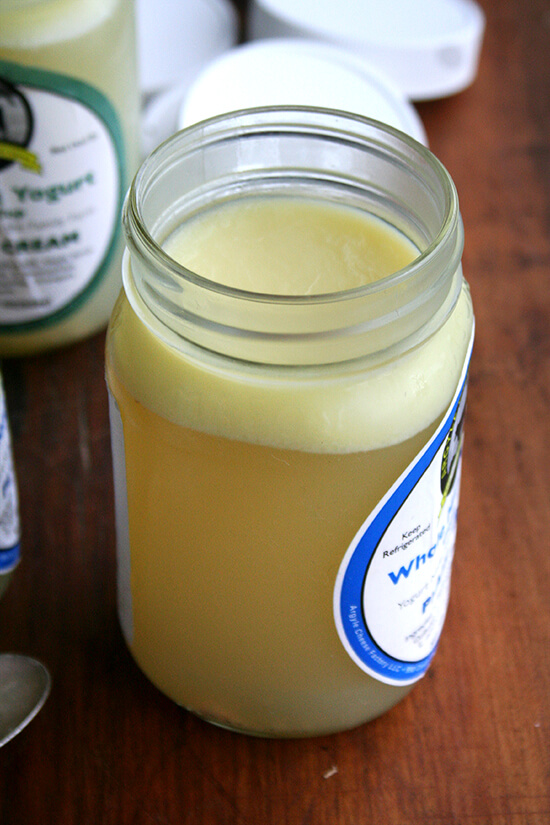 A jar of homemade chicken stock.