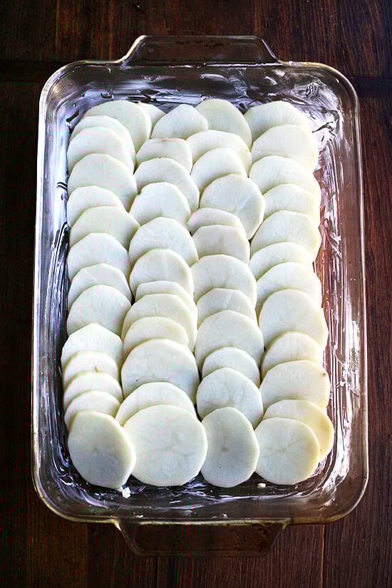 A 9x13-inch baking dish with one layer of sliced potatoes.