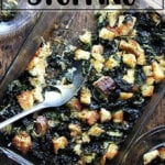 A 9x13-inch pan filled with kale and caramelized onion stuffing.