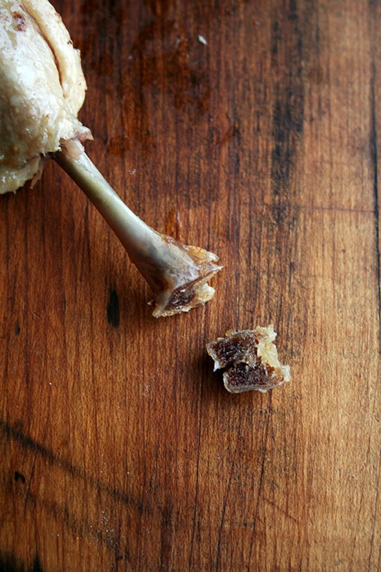 A duck leg confit with the fat trimmed.