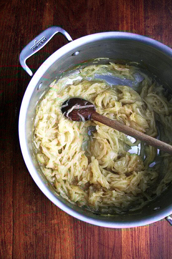 Onions, after two hours of stewing slowly in a large pot. 