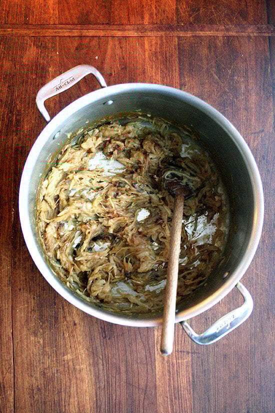 Onions, after 3.5 hours total of stewing slowly in a large pot. 
