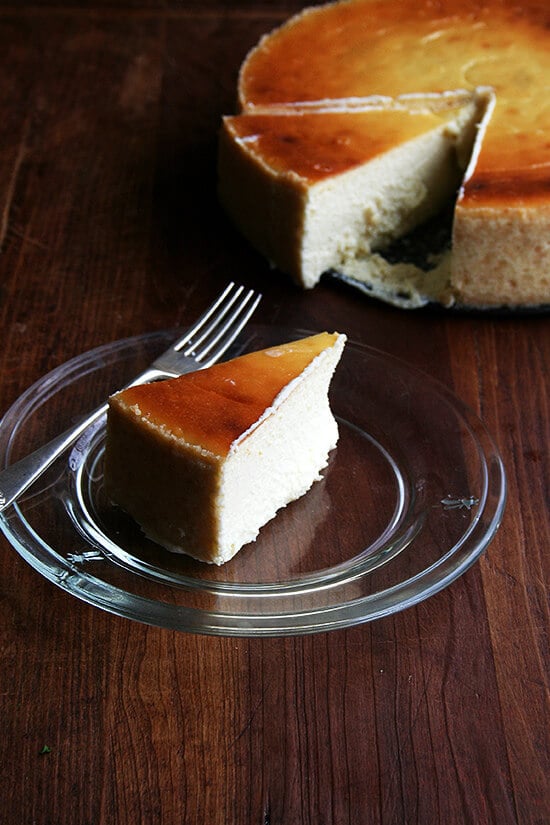 First slice of lemon-ricotta cheesecake.